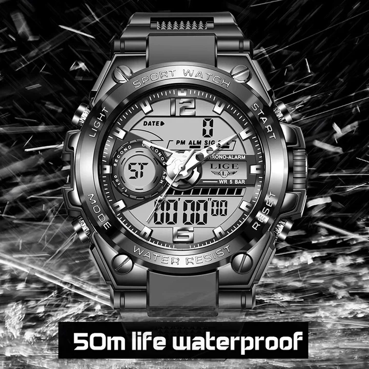 LIGE Digital Men Military Wristwatch 50m Waterproof LED Quartz Sport